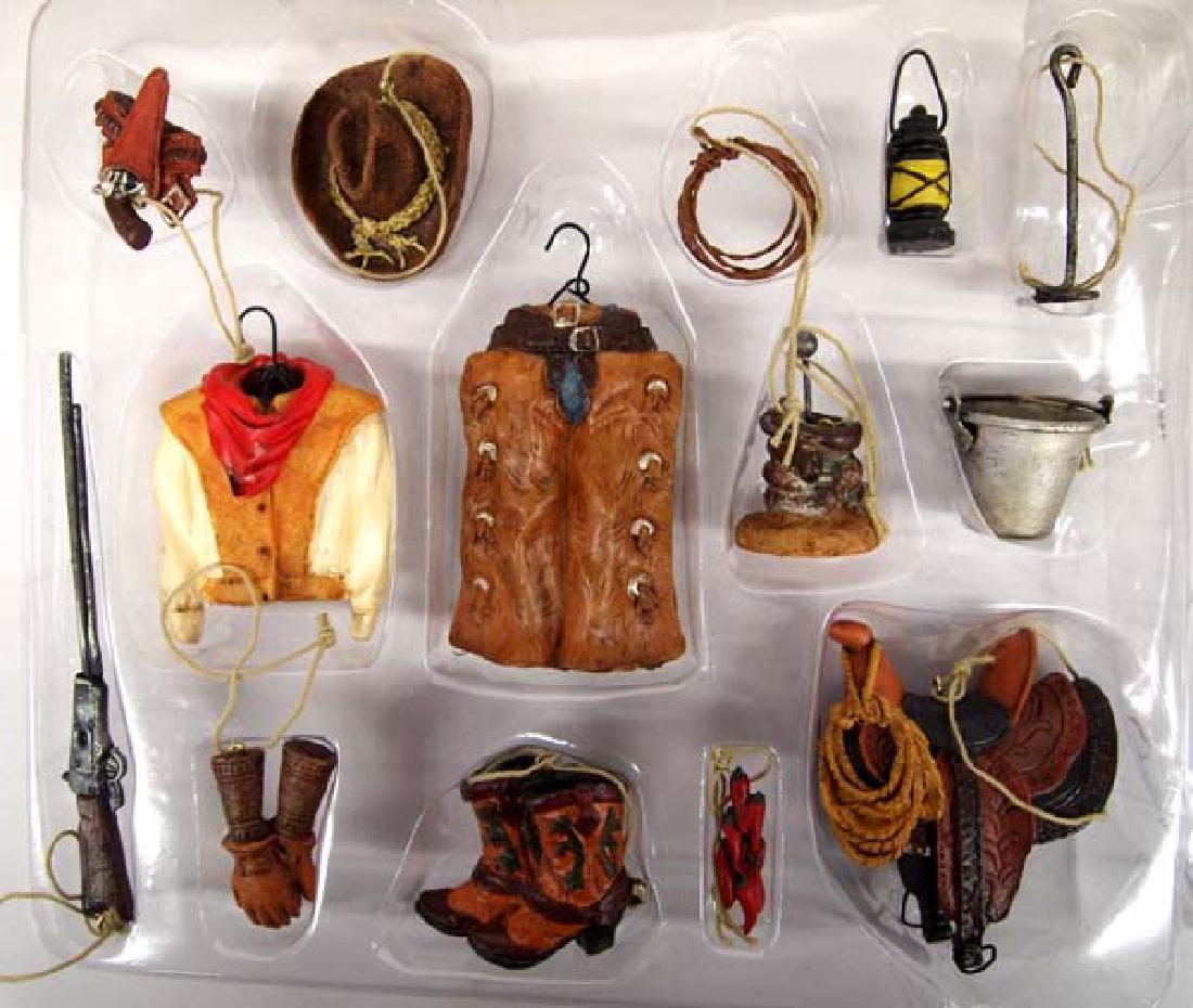 Pacific Rim Miniature Cowboy Christmas Ornaments: Pacific Rim Miniature Cowboy Christmas Ornaments, includes chaps, rifle, saddle, boots, shirt, bucket, lantern, lasso, hat, branding iron, pistol, pail, chile ristra, and horseshoes, longest measures 