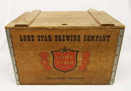 Lone Star Brewing Company Wood Shipping Box: Lone Star Brewing Company Wood Shipping Box, hinged lid, San Antonio TX U.S.A., red shield says ''Lone Star Beer'' with the Texas Star, measuures 18'' x 12'' x 11.25'', also has state of Texas outline