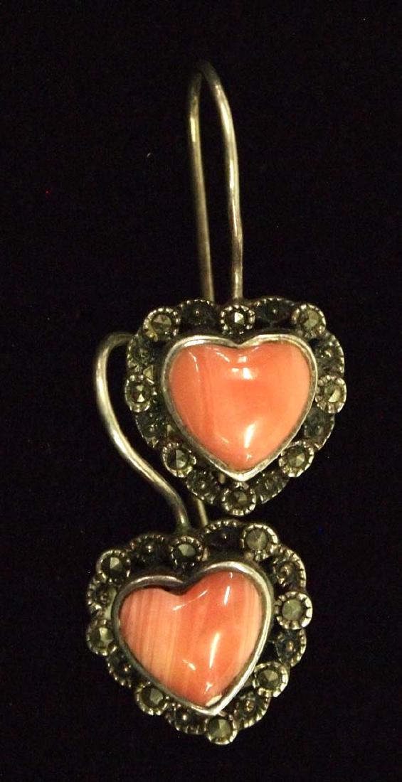 Sterling Silver Angel Coral and Marcasite Earrings: Sterling Silver Angel Coral and Marcasite Heart Earrings, measure 1''L x .5''W