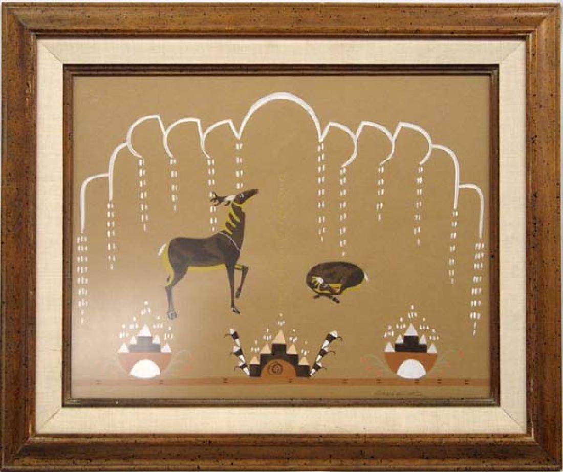 Vintage Lithograph Deer in the Rain by R. Martinez: Vintage Native American San Ildefonso Pueblo Lithograph Deer in the Rain by Richard Martinez, visual measures 13.5'' x 19'', hand written provenance on back of painting, lithograph was done by The Sed