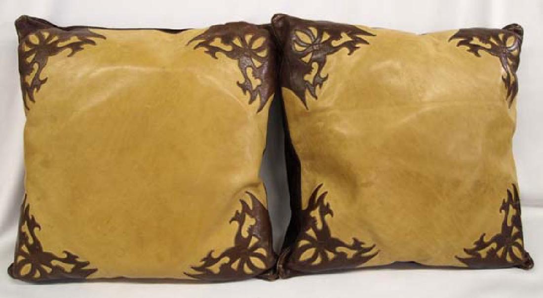2 Rocketbuster Boots Leather & Suede Throw Pillows: 2 Rocketbuster Boots Leather & Suede Throw Pillows, both have original tags, made in El Paso TX, measure 16'' square