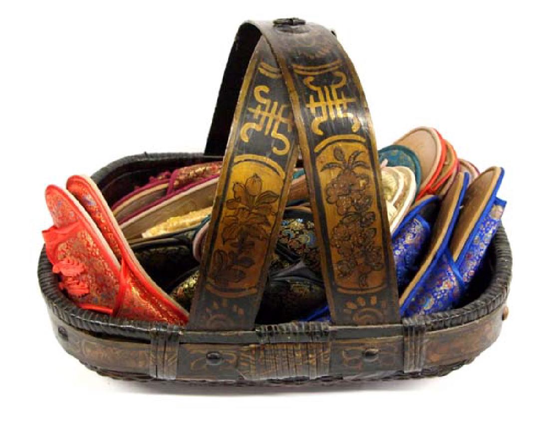 Large Hand Painted Oriental Basket and Slippers (1 of 7)