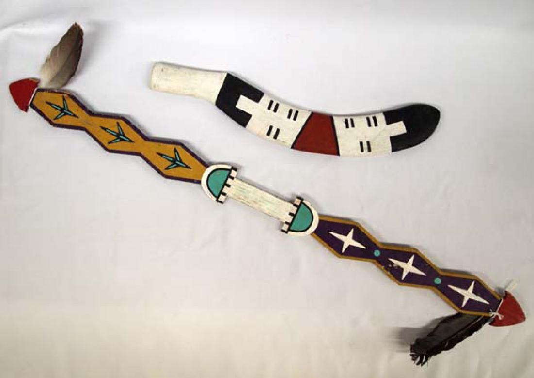 Navajo Carved Wood Rabbit Stick and Dance Wand: Native American Navajo Carved Wood Rabbit Stick and Dance Wand, #1 Native American Navajo Hand Carved and Painted Wood Rabbit Stick, measures 18.5''L x 4''W x .75''Thick #2 Native American Carved Nava