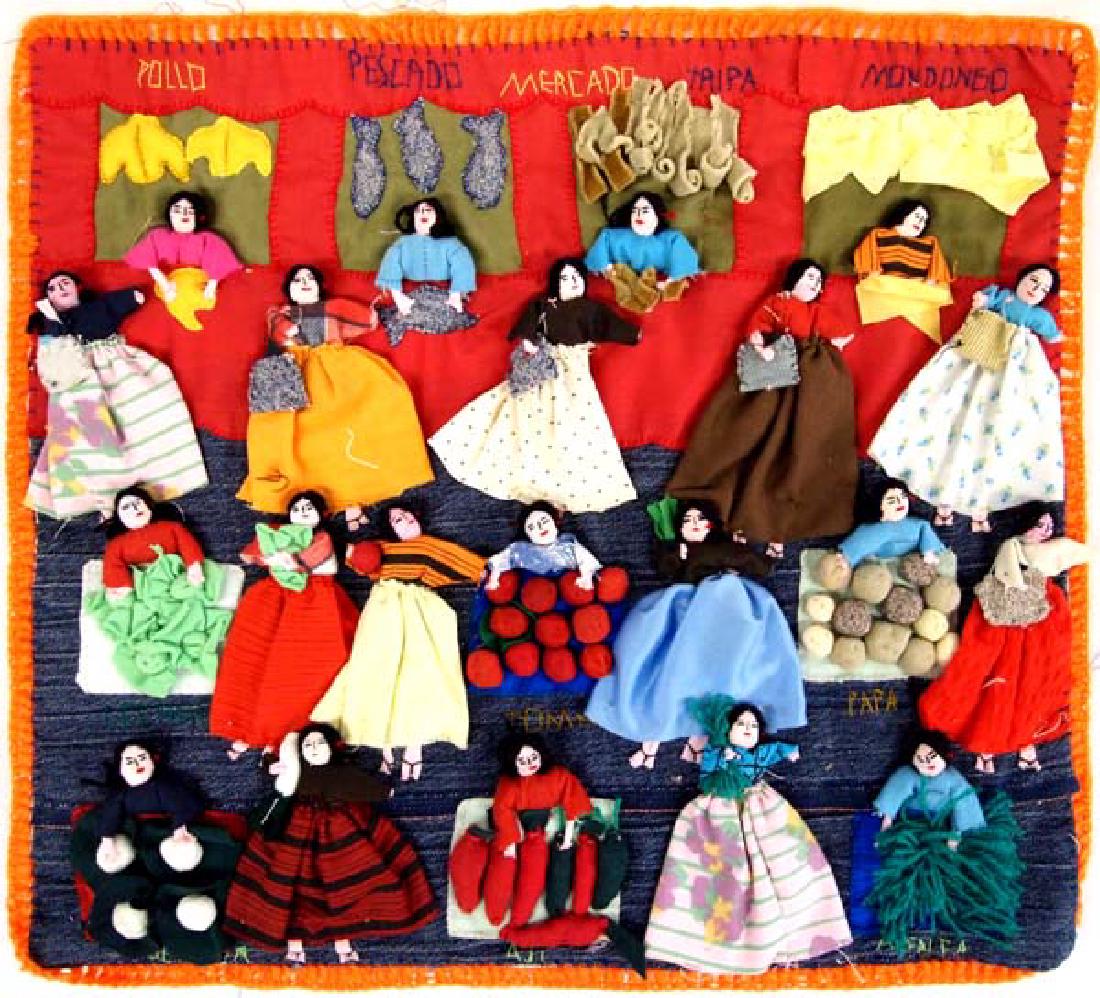 Mexican Mercado Arpillera Textile: Mexican Mercado Arpillera Textile, measures 19''L x 17''W and features 21 women selling a number of different items at the mercado such as chicken (pollo), fish (pescado), tripe (tripa), tripe soup (m