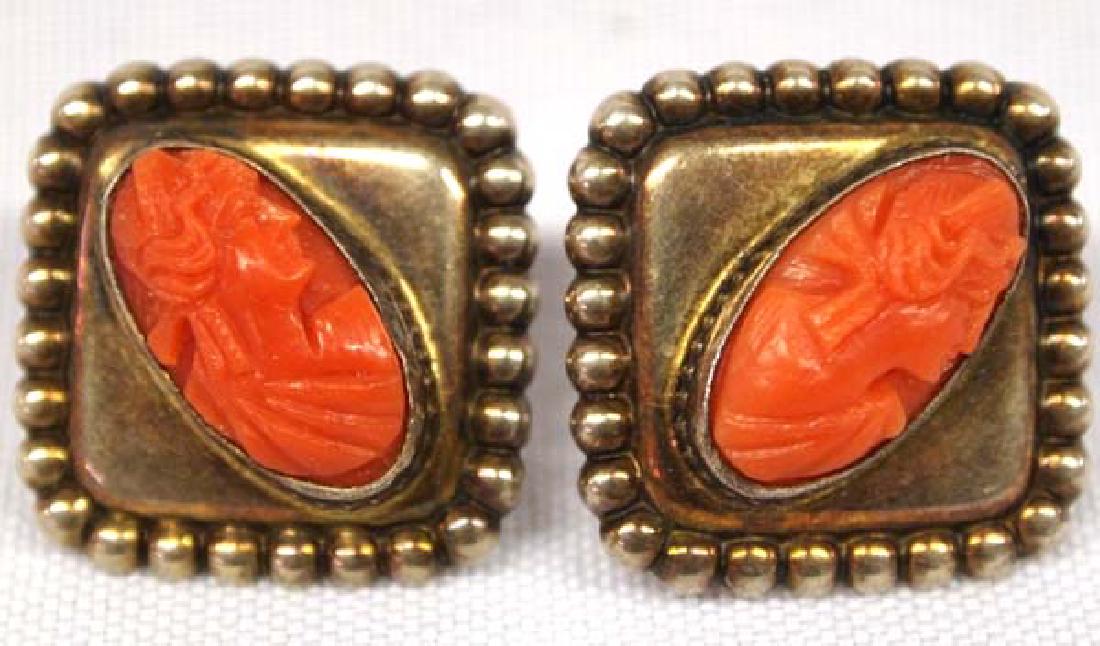 Sterling & Carved Coral Cameo Screwback Earrings: Sterling and Carved Coral Cameo Screwback Earrings, measure .75'' square