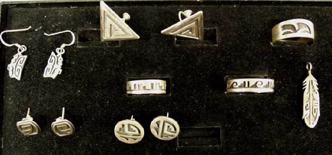 Native American Hopi Sterling Silver Jewelry: Native American Hopi Sterling Silver Jewelry, #1 Butterfly Earrings by Leroy Honyaktewa (1960-2011) 2nd Mesa #2 Screwback Earrings #3 Pierced Post Earrings by Guy Josytewa #4 Gold on Silver Feather Pe