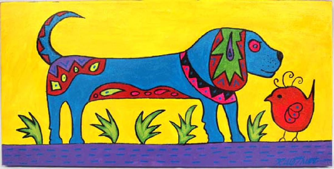 Original Acrylic Painting by Kathy Kills Thunder: Original Acrylic Painting ''Peanut'' by Kathy Kills Thunder, measures 10'' x 20'' and is signed by artist, nice vibrant palette, Artist Bio: Kathleen Kills Thunder (her legal name) was born in 1947 in