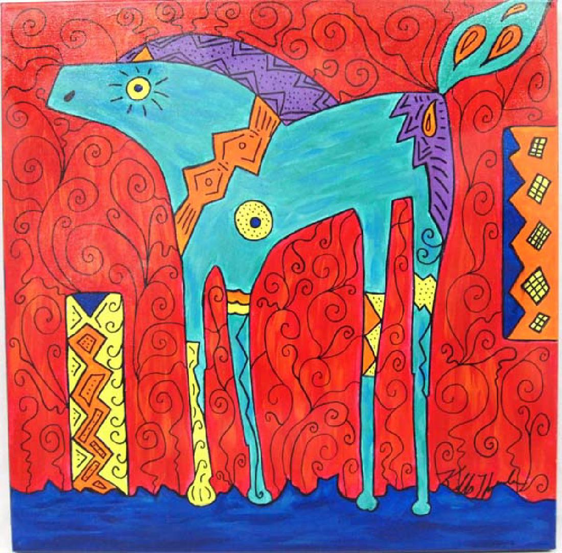 Original Acrylic Painting by Kathy Kills Thunder: Original Whimsical Acrylic Painting ''Beryl'' by Kathy Kills Thunder, measures 20'' x 20'', very bright and cheery, Artist Bio: Kathleen Kills Thunder (her legal name) was born in 1947 in Seattle, WA.