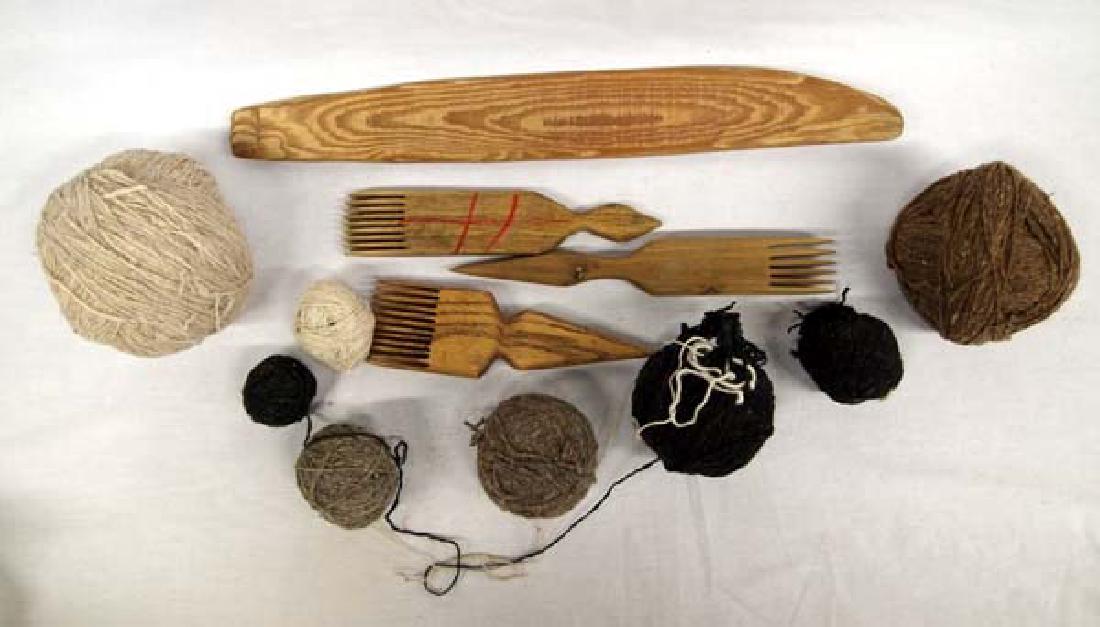 4 Navajo Wood Weaving Sticks and 7 Balls of Yarn: 4 Native American Navajo Wood Weaving Sticks and 7 Balls of Yarn, longest measures 17''L x 2.25''W