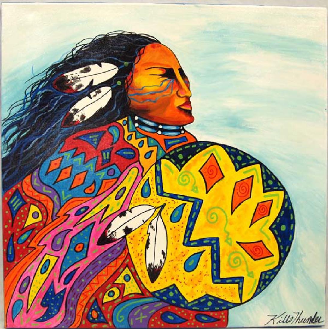 Original Acrylic Painting by Kathy Kills Thunder: Original Acrylic Painting ''Enapay'' (Appears Bravely in Sioux Language) by Kathy Kills Thunder, measures 20'' x 20'' and is signed by artist, Artist Bio: Kathleen Kills Thunder (her legal name) was b
