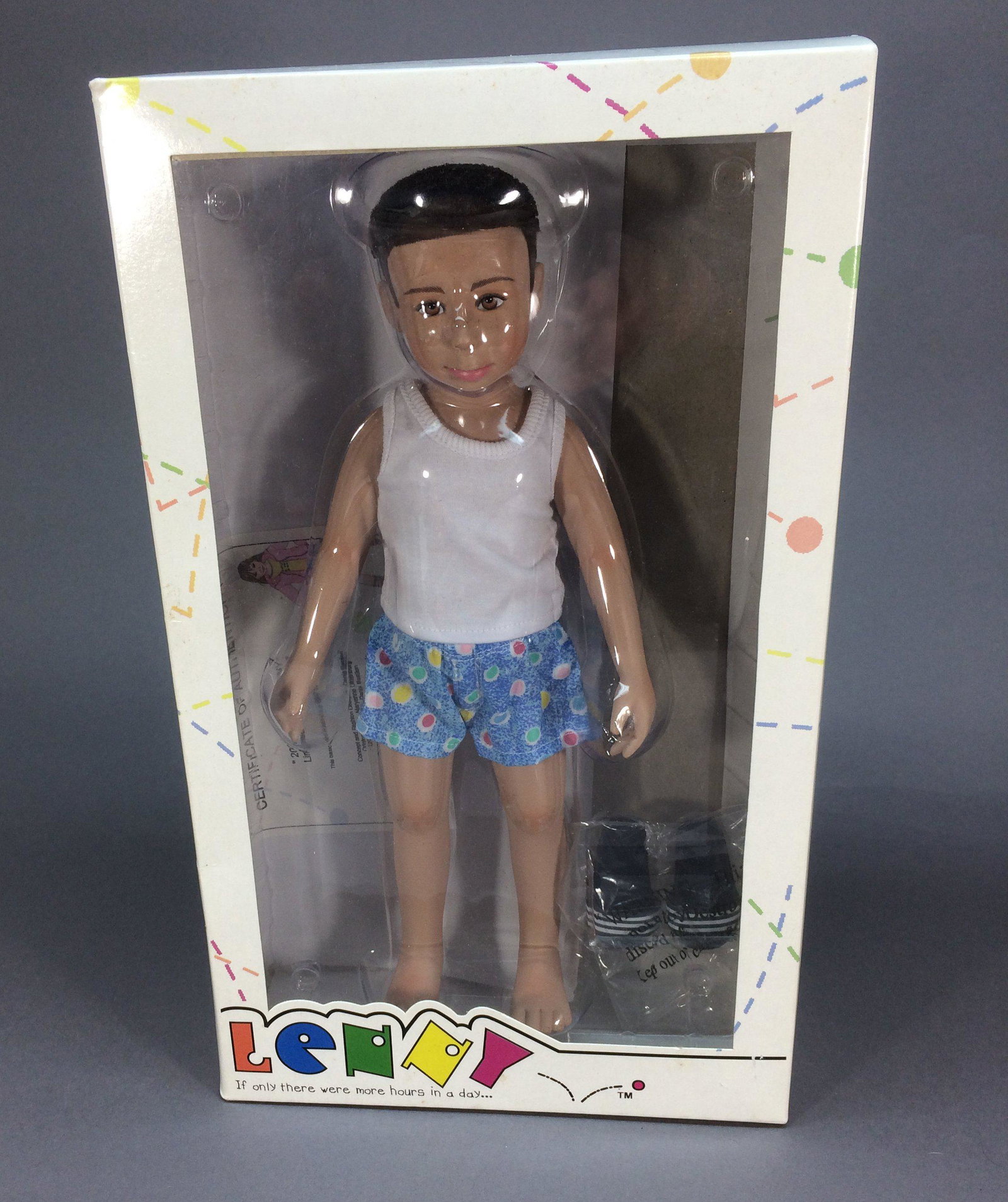 Lenny Doll - Affordable Designs Friend of Leeann: All-vinyl Lenny doll by Affordable Designs is 11.5” tall (29 cm) and jointed at the neck, shoulders and hips. He has painted brown eyes and rooted brown hair. He comes wearing his undershirt, boxer 