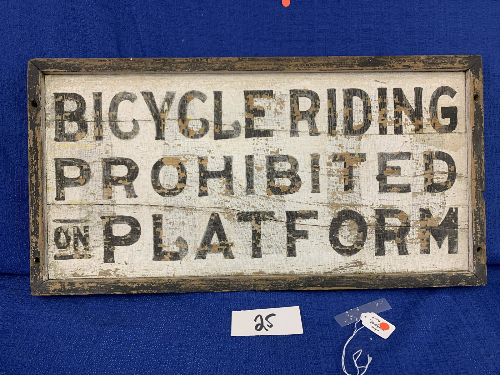 Antique Wood Sign "Bicycle Riding is Prohibited on: Antique Wood Sign "Bicycle Riding is Prohibited on Platform", very old