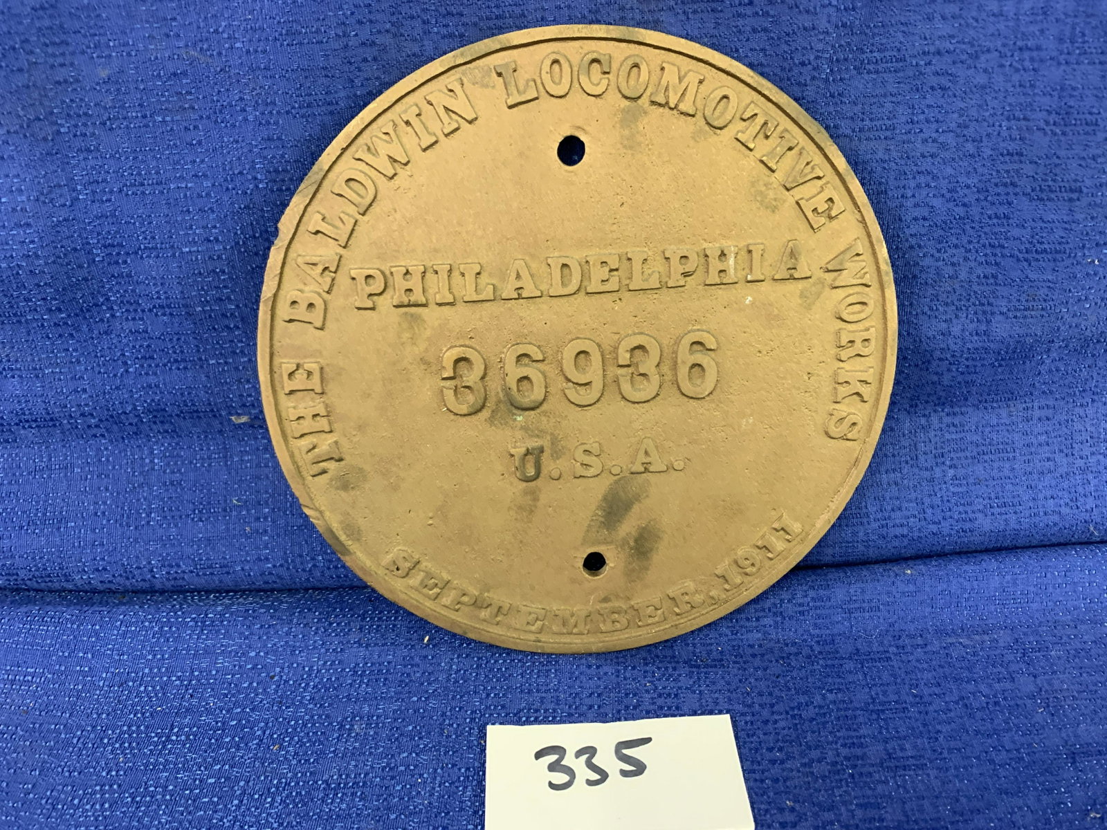 Bronze Engine Badge #36936: Bronze Engine Badge #36936, Locomotive Builders Plate - Baldwin Locomotive Wks, September 1911, one smallchip on edge