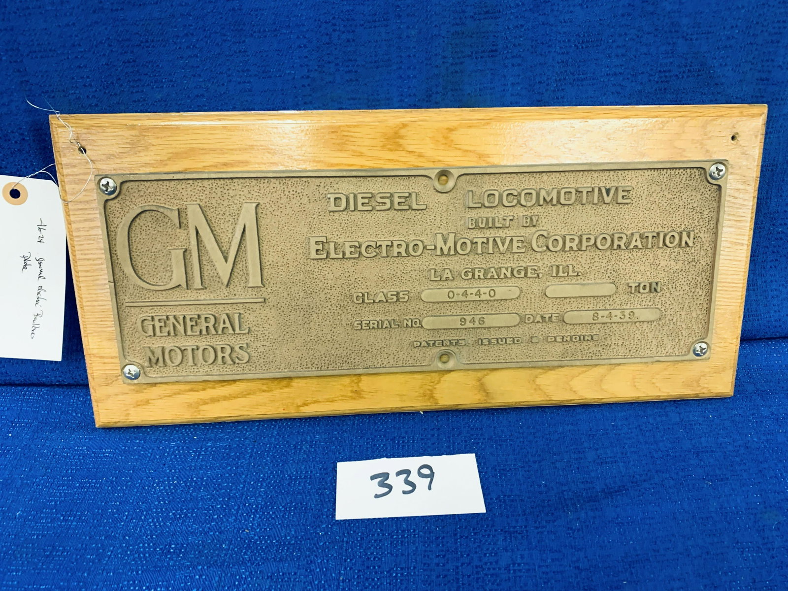 General Motors Builders Plate: General Motors Builders Plate, 0-4-4-0, August 1939