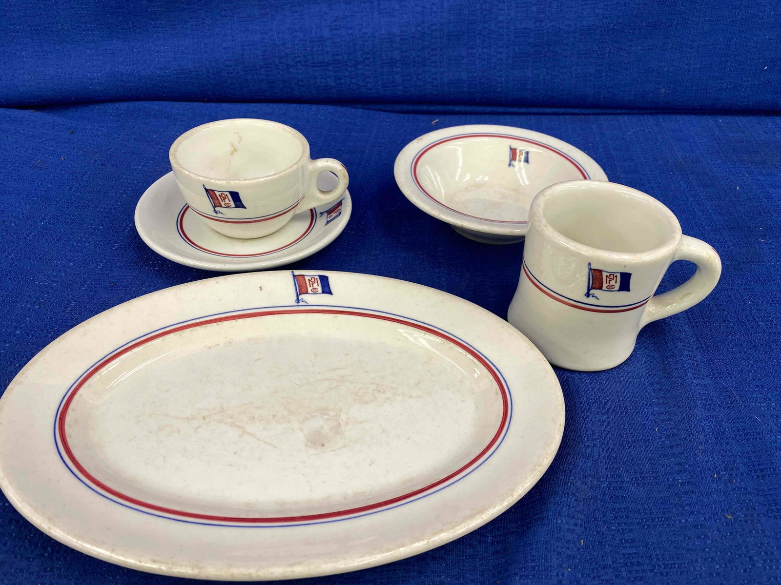 5 Pieces Ships Dishes: Walker China from Bedford OH, Platter, Bowl, 2 Cups, and 1 Saucer.