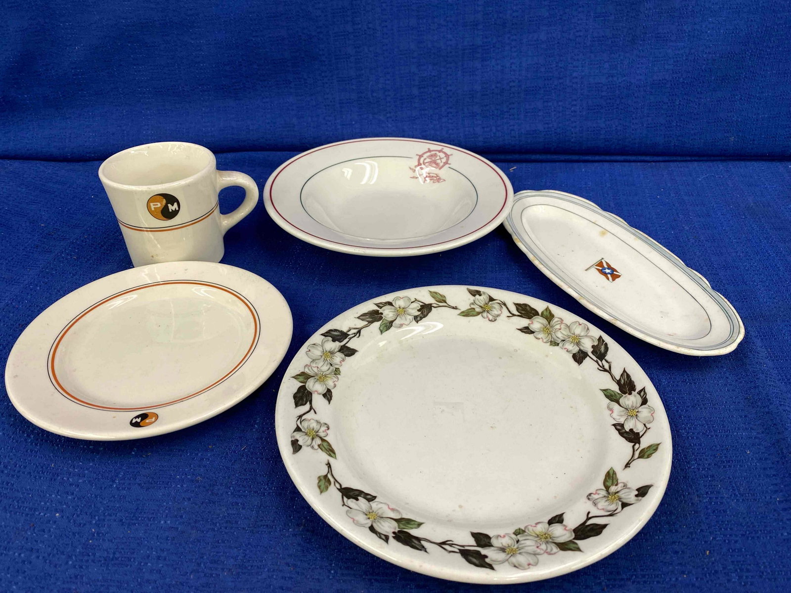 5 Pieces Vintage China: 1 Large Bowl stamped "Georgian Bay Line- Mayer Beever, PA". 1 SP and S, Dogwood Pattern. Made by RimRo. 1 Butter dish with O.P company. 1 Plate, 1 cup P/M made by Walker China, Bedford, OH.