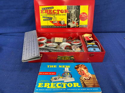 1954 AC Gilbert Erector Set: A.C. Gilbert CO., New Haven, Conn. No. 6 1/2 w/metal box and book, very clean set.