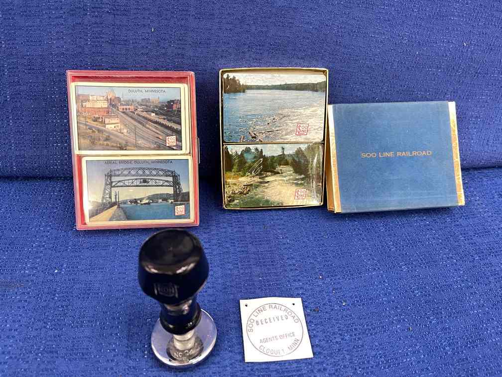 Soo Line Stamp & Cards: Soo Line Stamp & Cards: 2 Decks of Soo Line Playing Cards (2 are still sealed); 1 Soo Line Hand Stamp Agents Office, Cloquet, Minnesota.