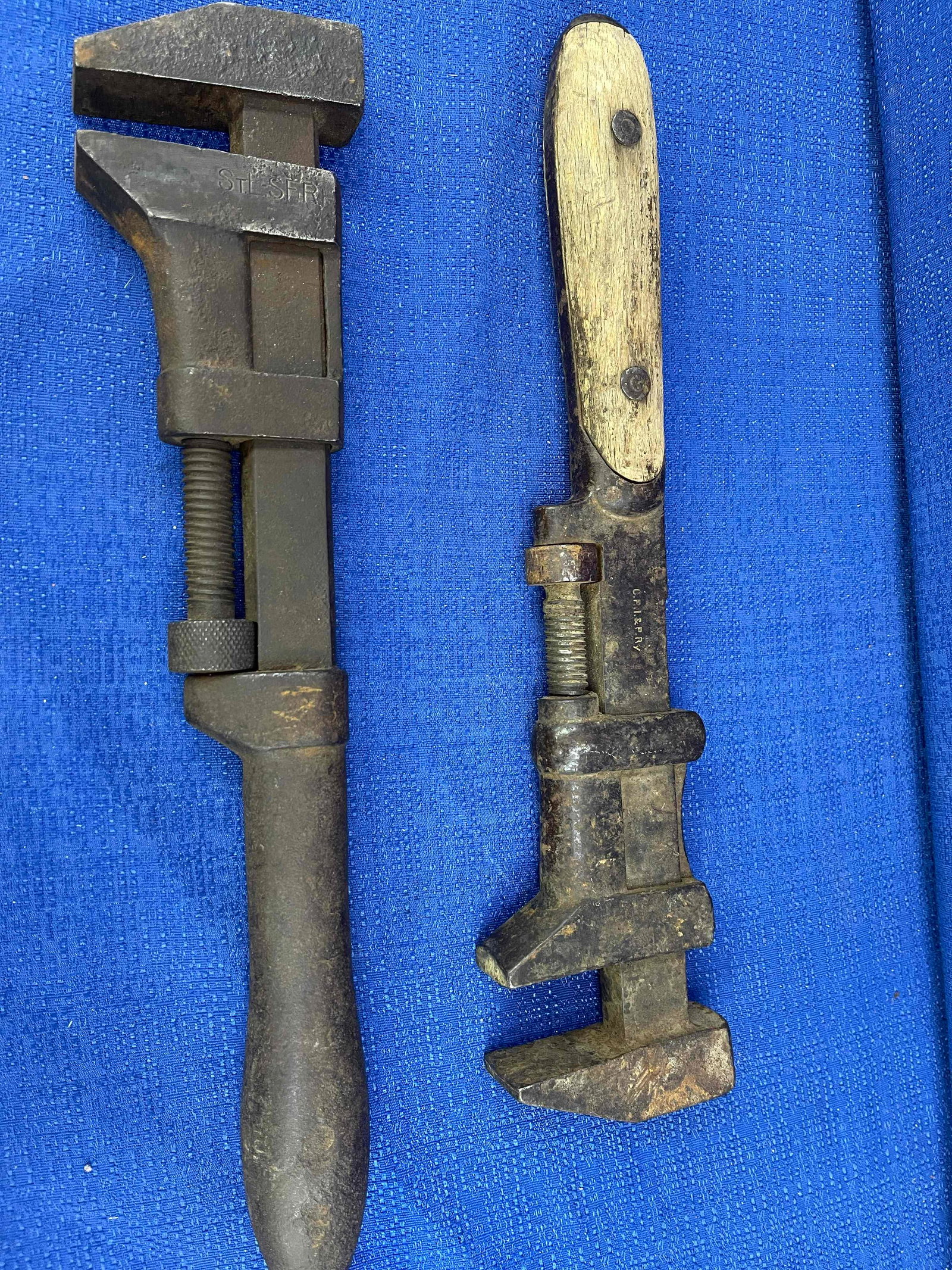 Rock Island/STLSF Marked Railroad Wrenches: This is a Chicago Rock Island & Pacific (CRI&P/Rock Island) adjustable wrench. "C.R.I. & P. Ry" is clearly stamped on the wrench. Measures 15" x 3.25"; This is a St Louis & San Francisco (FRISCO) Rail