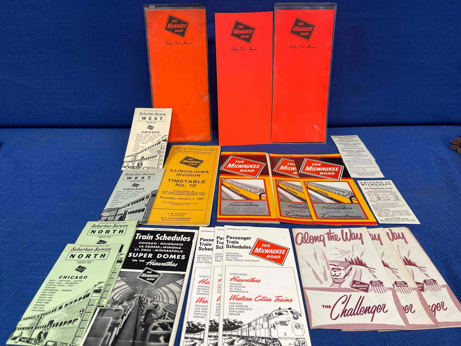 Milwaukee Road Timetable Lot: Includes all of the following 23 timetables plus more: "Along the Way" on The Challenger (3) Milw/UP brochures; April 27, 1958 Milwaukee to Chicago timecard; April 27, 1958; September 25, 1960; April 