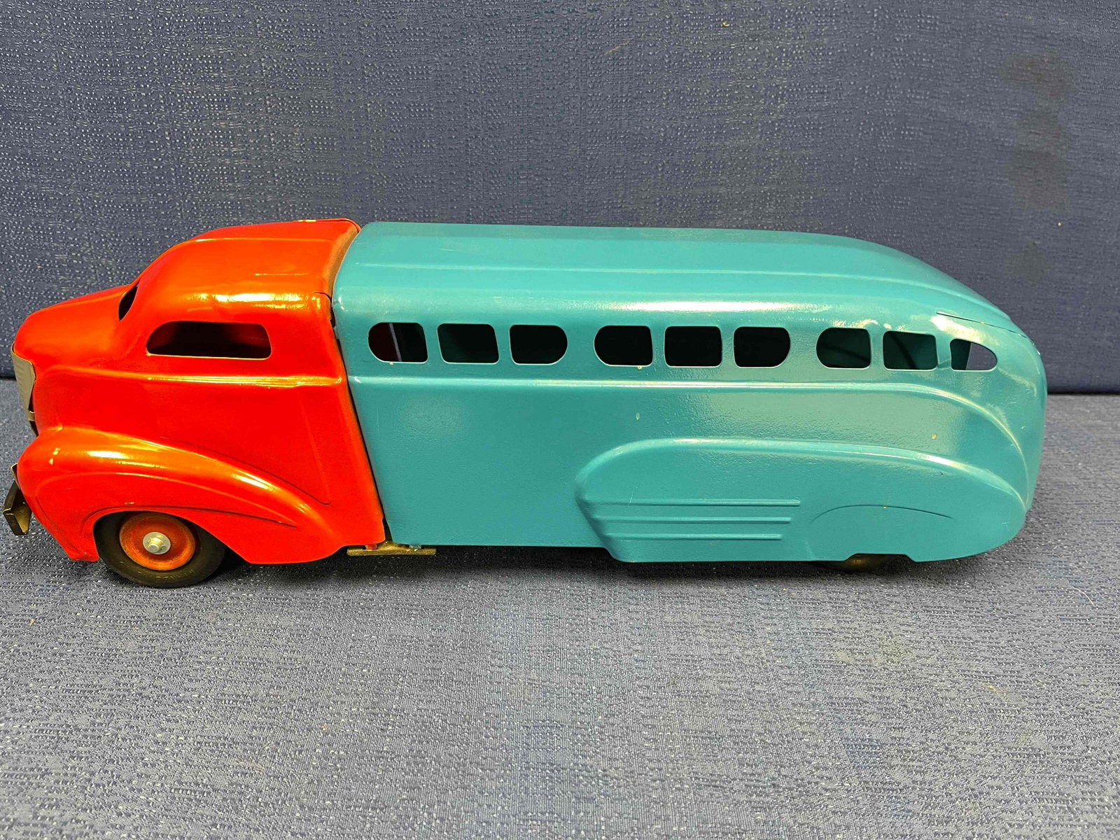 Wyandotte Bus: Wyandotte Pressed Steel Bus Circa 1939. All Medal Products Company, Wyandotte, Michigan. Has been repainted. Rubber tires. No back door.