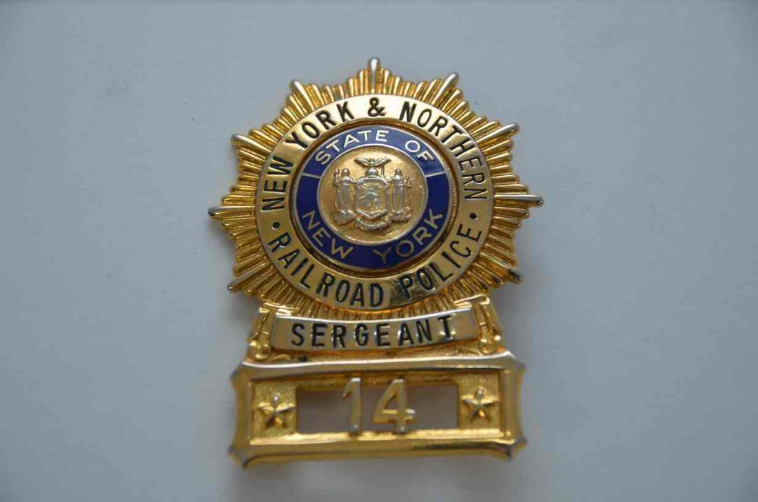 New York and Northern RR Police Sergeant Badge: This is a railroad police sergeant badge from the New York and Northern Railroad. Low number at badge number 14. Complete with pin. Like new!