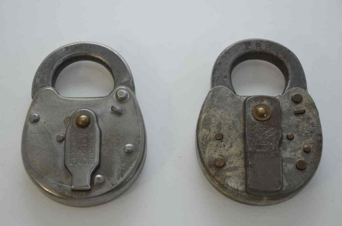 General Purpose Locks-Chicago and Northwestern/Pennsylvania RR: This is a pair of general purpose locks. On is from the Chicago and Northwestern Railroad made by the Eagle Lock Company; the other is from the Pennsylvania Railroad and made by F&S Hardware. The key 