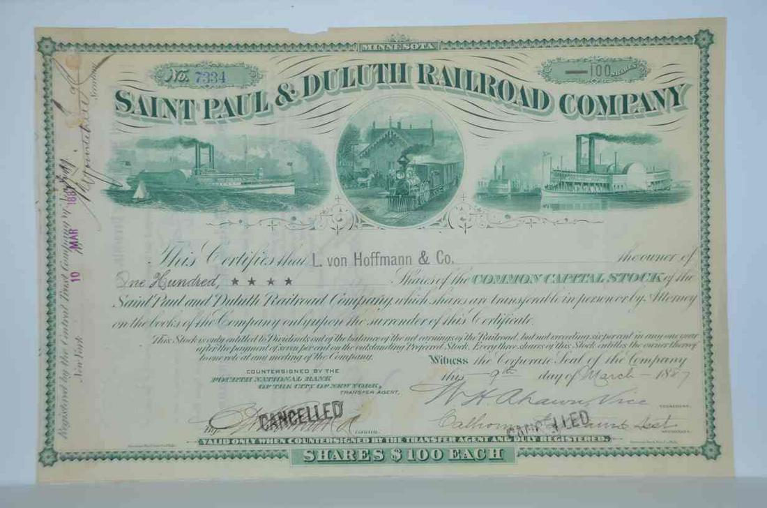 St Paul and Duluth RR Stock Certificate #7334; Cox STP-273 S-40 (1 of 2)