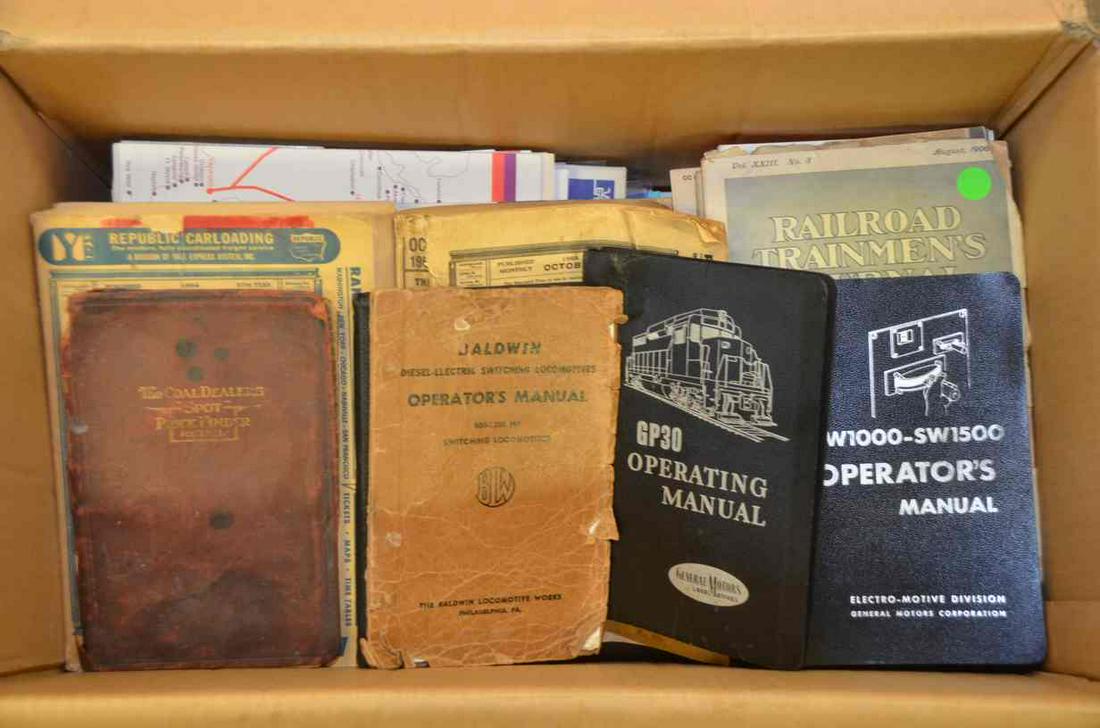 RR Equipment Manuals/Miscellaneous RR Paper/Ephemera: This is a lot of railroad equipment manuals for operation and repair of locomotives. Also included are two Railroad Trainmenâ€™s Journals from August 1906 and May 1908. Two Official Guide of the 
