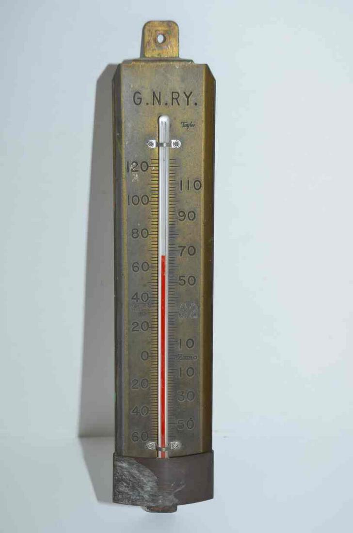 Great Northern Brass Thermometer: This is a brass thermometer from the Great Northern Railroad. Marked “G.N. RY.”, it is made by Taylor and the glass is intact. The thermometer works and reads temperature correctly.