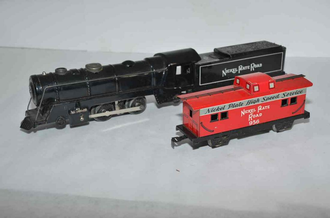 Marx O Scale Nickel Plate Road RR Locomotive and Caboose: Marx O scale Nickel Plate Road RR tin locomotive, tender and caboose.