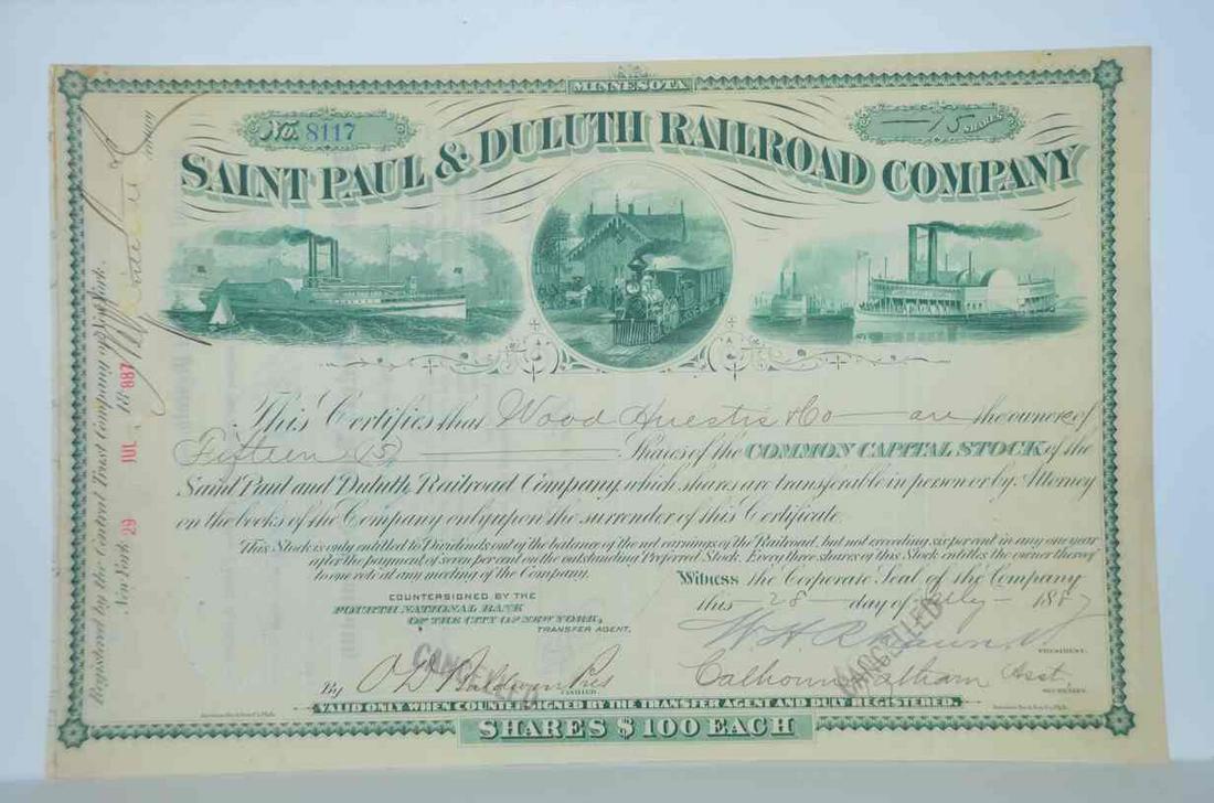 St Paul and Duluth RR Stock Certificate #8117; Cox STP-273 S-40 (1 of 2)