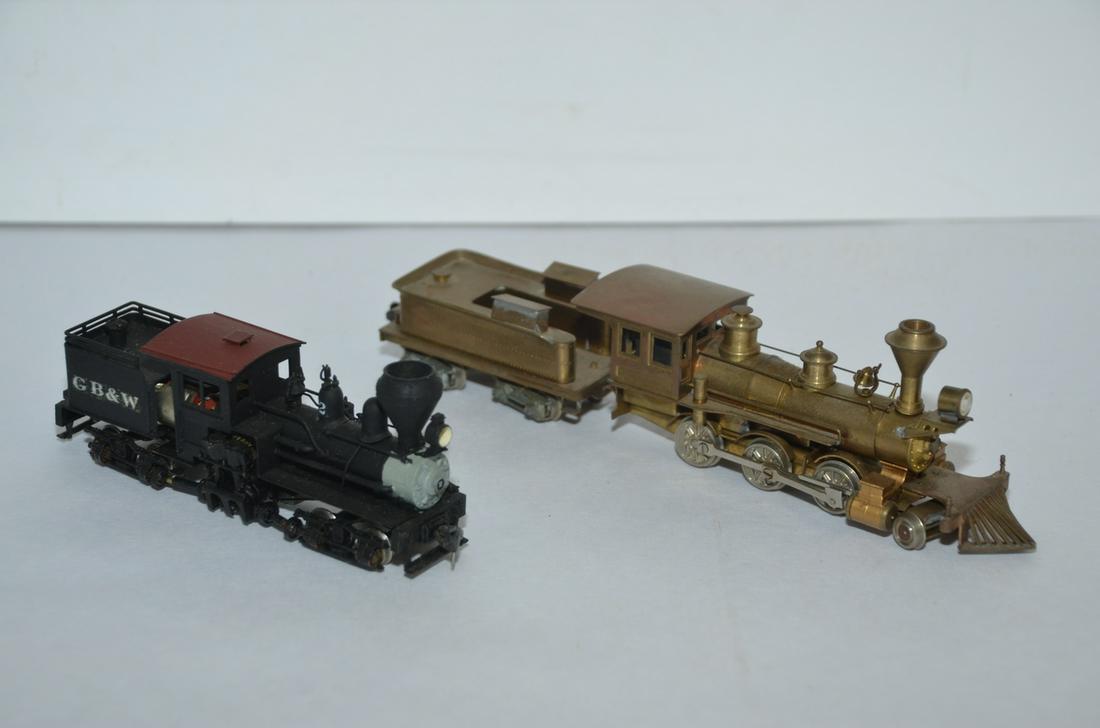 Two Brass Steam Locos-Shay and 2-6-0: This is a pair of small brass steam locomotives of unknown origin. One is a 2-6-0 that needs servicing to run well. The second is a Shay that is decalled GBW and runs well.
