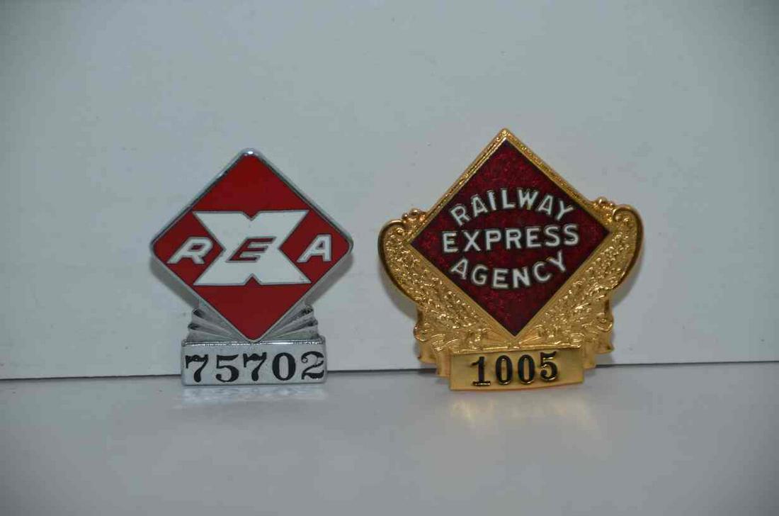 Two Railway Express Agency Badges: This is a pair of Railway Express Agency employee identification badges, numbered 75702 and 1005. Bot are made by Bastian Brothers of Rochester, NY and are in excellent condition with their screws/nut