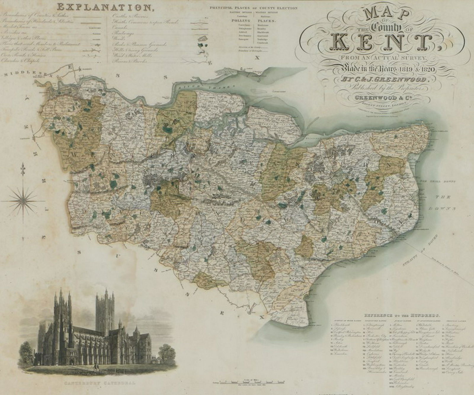 Christopher Greenwood (1786-1855) and John Greenwood: Christopher Greenwood (1786-1855) and John Greenwood (fl. 1821-1840) Map of the County of Kent from an Actual Survey made in the Years 1819 and 1820, Canterbury Cathedral to the left corner, published