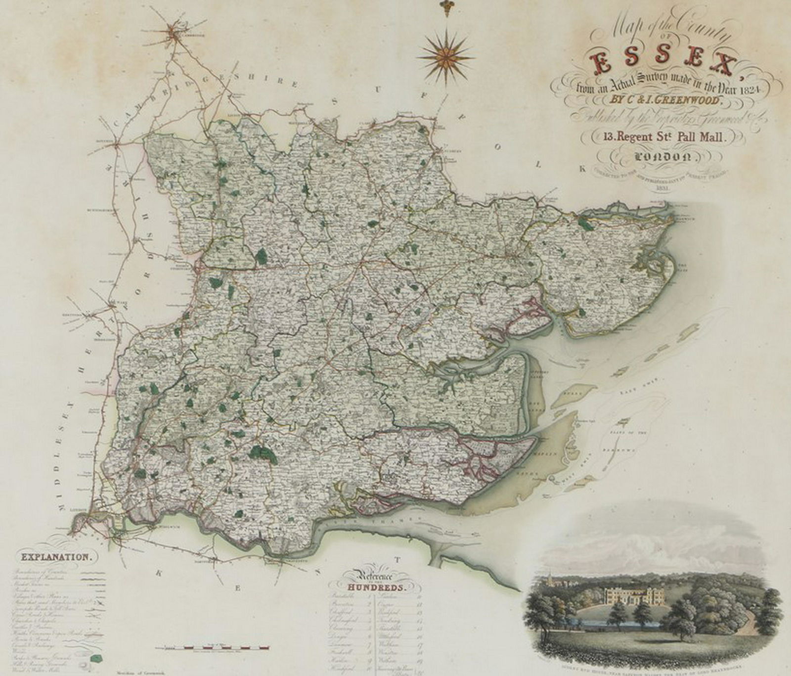 Christopher Greenwood (1786-1855) and John Greenwood: Christopher Greenwood (1786-1855) and John Greenwood (fl. 1821-1840) Map of the County of Essex, from an actual Survey made in the year 1824, by C & J Greenwood, 13, Regent St. Pall Mall, London, corr