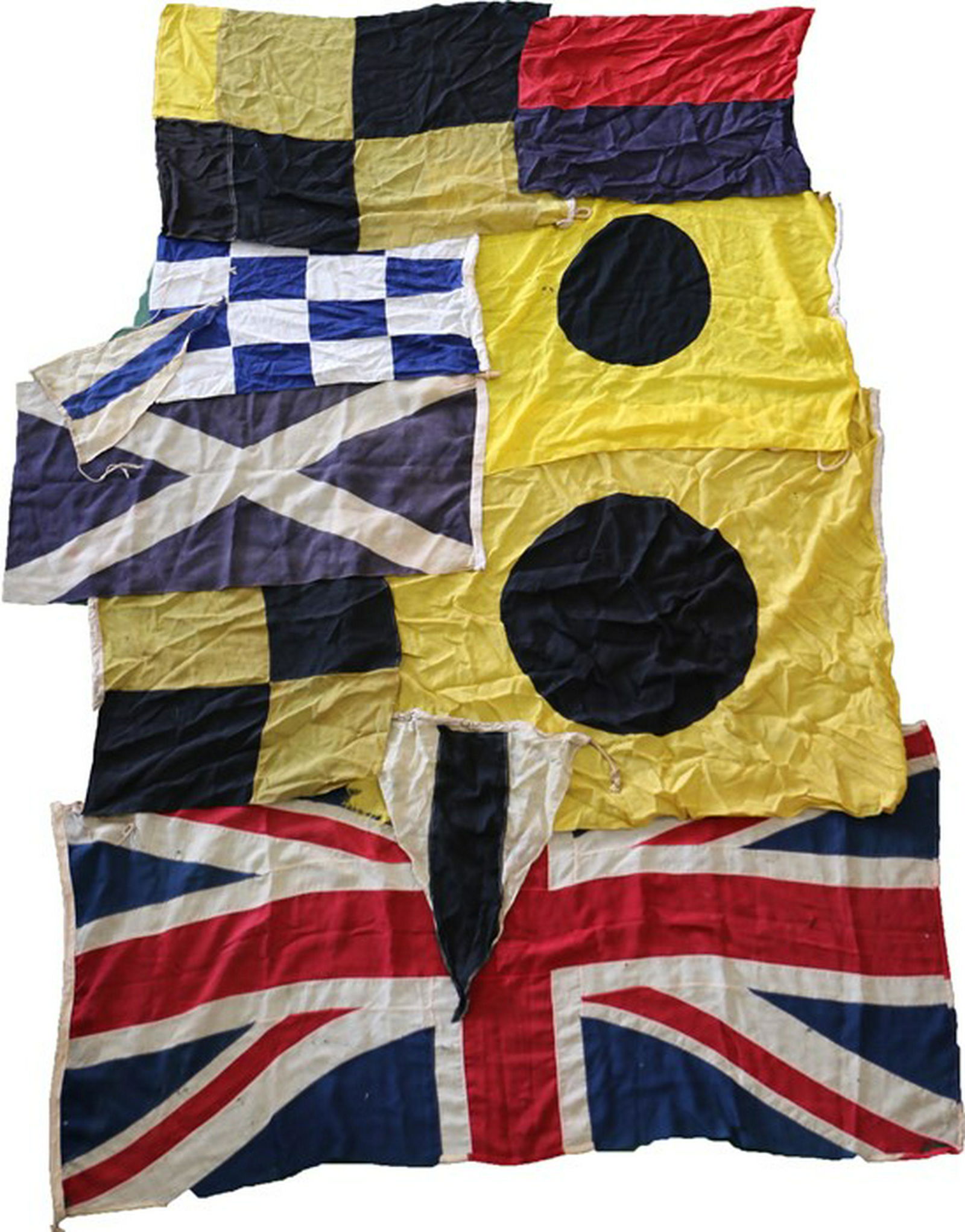 Collection of nautical flags, showing various signals,: Collection of nautical flags, showing various signals, Union Jack, etc, (qty) - Stock Ref:2104-21