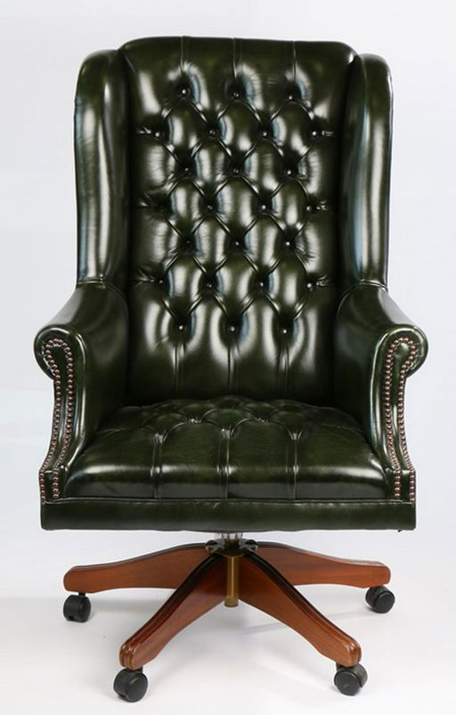 Victorian Style Wingback Desk Chair With Green Leather