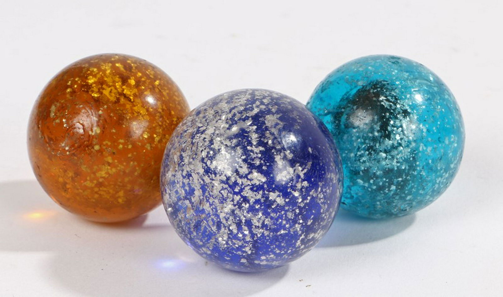 Three 19th Century Mica glass marbles, in orange, blue (1 of 1)