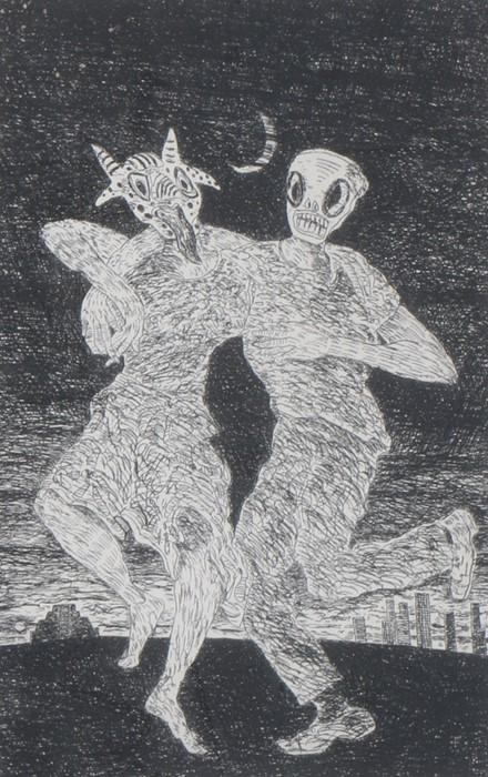 Derek Boshier (b.1937, Portsmouth), ‘Two People dancing: Derek Boshier (b.1937, Portsmouth), ‘Two People dancing in Mexican masks’, etching, numbered 45/50, titled, initialled & dated 1983, housed in a plain black glazed frame, the etching 34.5cm x 47.5
