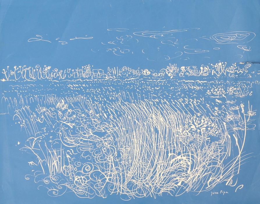John Piper (1903-1972), landscape scene with reeds and: John Piper (1903-1972), landscape scene with reeds and distant trees, print, unframed, 31cm x 24.5cm - Stock Ref:8216-1
