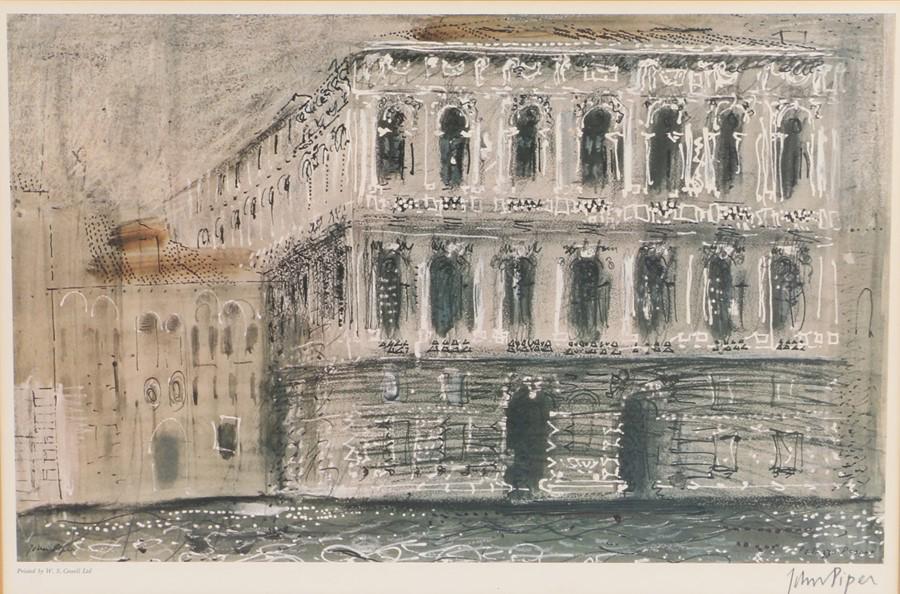 John Piper (1903-1992), Palazzo Pesaro, pencil signed: John Piper (1903-1992), Palazzo Pesaro, pencil signed print, printed by W.S.Cowell Ltd. housed in a limed hessian mounted glazed frame, the print 39cm x 26cm - Stock Ref:8216-3