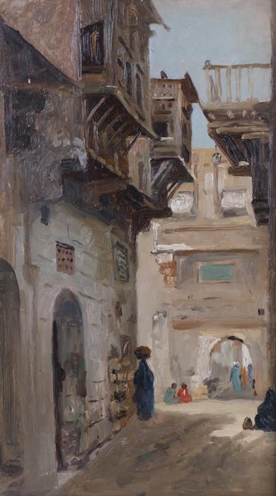Unsigned (20th Century), Middle Eastern back street: Unsigned (20th Century), Middle Eastern back street scene, oil on board, housed in a gilt frame, the oil 20cm x 35cm - Stock Ref:7770-273