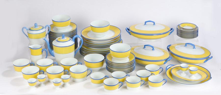 Limoges Ch Field Haviland Musee Claude Monet pattern: Limoges Ch Field Haviland Musee Claude Monet pattern dinner, tea and coffee service, with yellow and blue borders on a white ground, to include three tureens and covers, dinner plates, dessert plates,