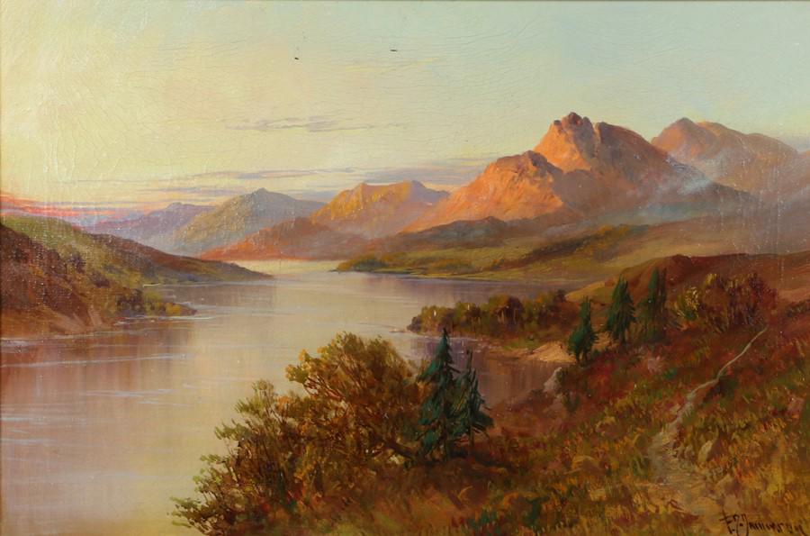 Francis E Jamieson (1895-1950) extensive mountain: Francis E Jamieson (1895-1950) extensive mountain landscape & loch scene lit by evening sun signed oil on canvas, gilt frame, 40cm x 60cm