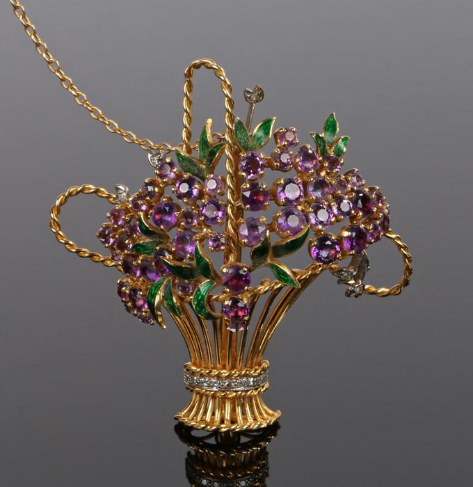 18 carat gold amethyst and diamond set brooch, in the (1 of 1)