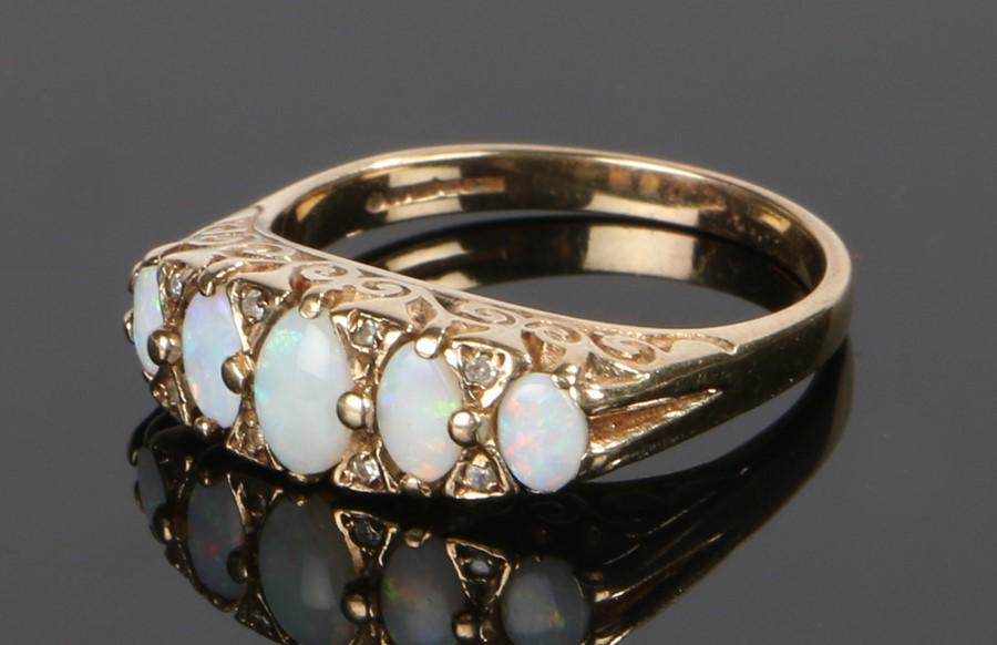 9 carat gold opal and diamond set ring, with five opals (1 of 1)