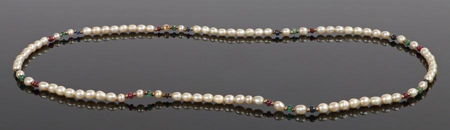 Pearl necklace, with yellow metal, emerald, ruby and (1 of 1)