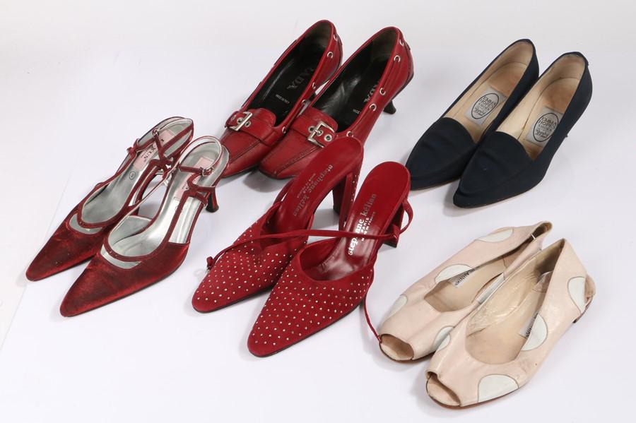 Stephane Kelian shoes, a pair of high heels red, a pair: Stephane Kelian shoes, a pair of high heels red, a pair of Red leather Prada, Manolo Blahnik, Emma Hope high heels and a Lexus pair, (five pairs)