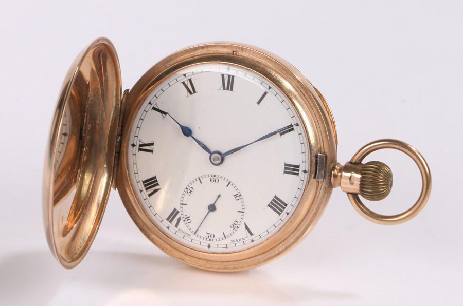 J.W. Benson London 9 carat gold hunter pocket watch,: J.W. Benson London 9 carat gold hunter pocket watch, with plain outer case, the white enamel dial with Roman numerals and subsidiary seconds dial, crown wound, the case 50mm diameter